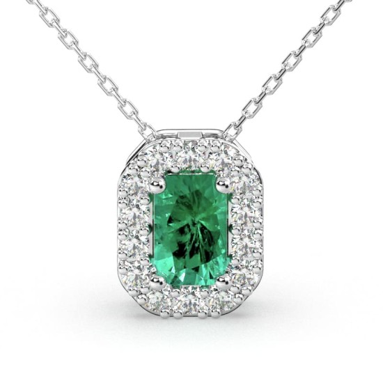 Collier or blanc 18K pendentif émeraude avec un halo de diamants