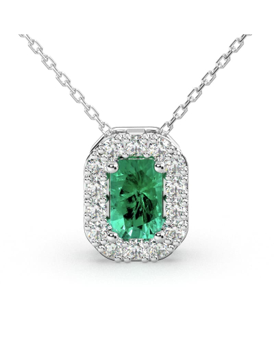 Collier or blanc 18K pendentif émeraude avec un halo de diamants