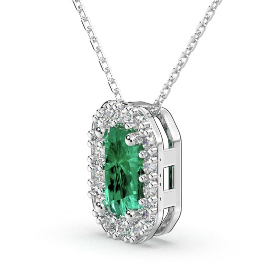 Collier or blanc 18K pendentif émeraude avec un halo de diamants