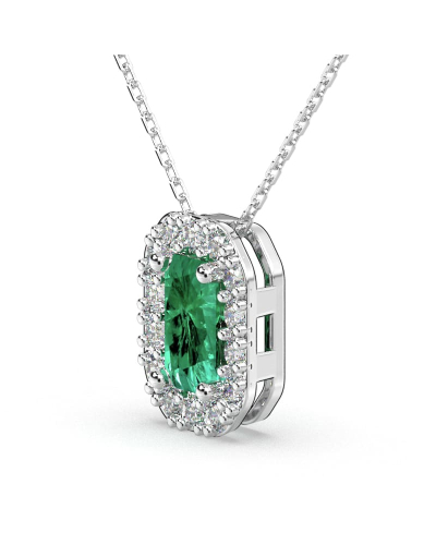 Collier or blanc 18K pendentif émeraude avec un halo de diamants