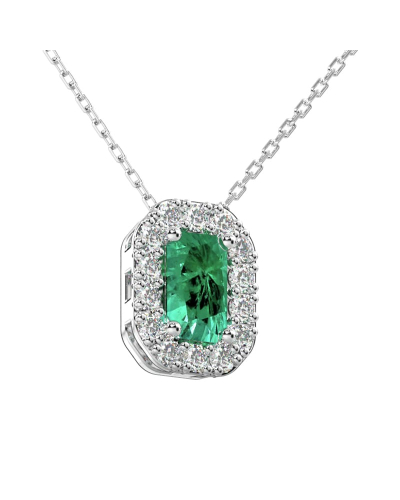 Collier or blanc 18K pendentif émeraude avec un halo de diamants