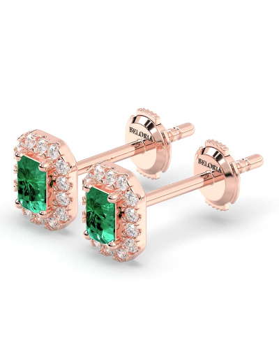 Boucles d'oreilles en or rose 18K émeraude et halo de diamants