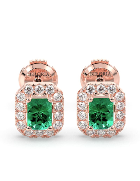 Boucles d'oreilles en or jaune 18K émeraude et halo de diamants 2