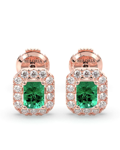 Boucles d'oreilles en or rose 18K émeraude et halo de diamants