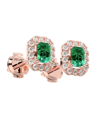 Boucles d'oreilles en or rose 18K émeraude et halo de diamants