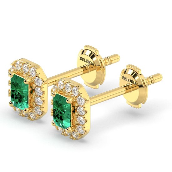 Boucles d'oreilles en or jaune 18K émeraude et halo de diamants
