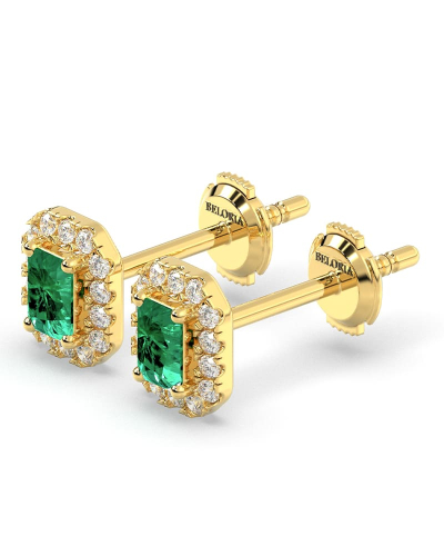 Boucles d'oreilles en or jaune 18K émeraude et halo de diamants
