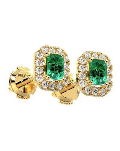 Boucles d'oreilles en or jaune 18K émeraude et halo de diamants