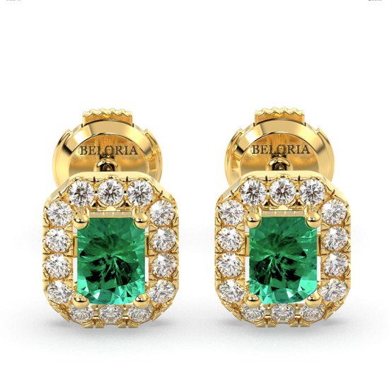 Boucles d'oreilles en or jaune 18K émeraude et halo de diamants