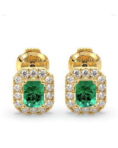 Boucles d'oreilles en or jaune 18K émeraude et halo de diamants