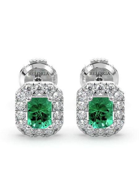Boucles d'oreilles en or jaune 18K émeraude et halo de diamants 2