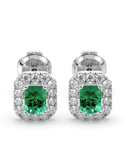 Boucles d'oreilles en or blanc 18K émeraude et halo de diamants
