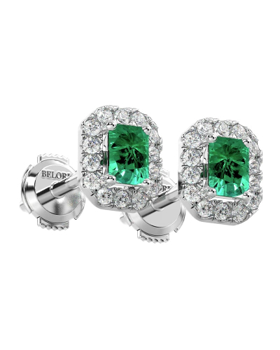 Boucles d'oreilles en or blanc 18K émeraude et halo de diamants