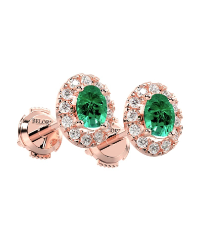 Boucles d'oreilles en or rose 18K émeraude ovale et halo de diamants