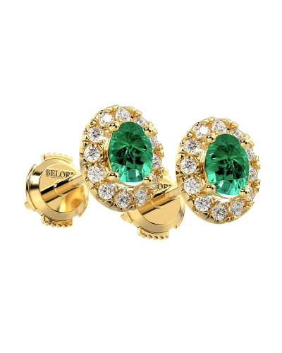 Boucles d'oreilles en or jaune 18K émeraude ovale et halo de diamants