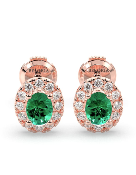 Boucles d'oreilles en or blanc 18K émeraude ovale et halo de diamants 2