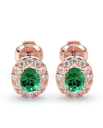 Boucles d'oreilles en or rose 18K émeraude ovale et halo de diamants