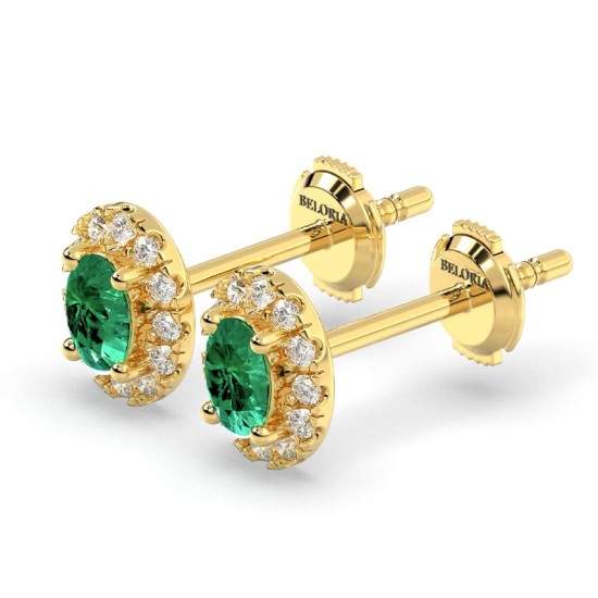 Boucles d'oreilles en or jaune 18K émeraude ovale et halo de diamants