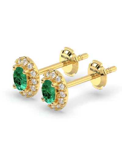 Boucles d'oreilles en or jaune 18K émeraude ovale et halo de diamants