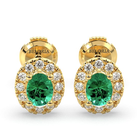 Boucles d'oreilles en or jaune 18K émeraude ovale et halo de diamants