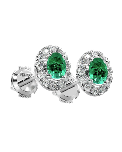 Boucles d'oreilles en or blanc 18K émeraude ovale et halo de diamants