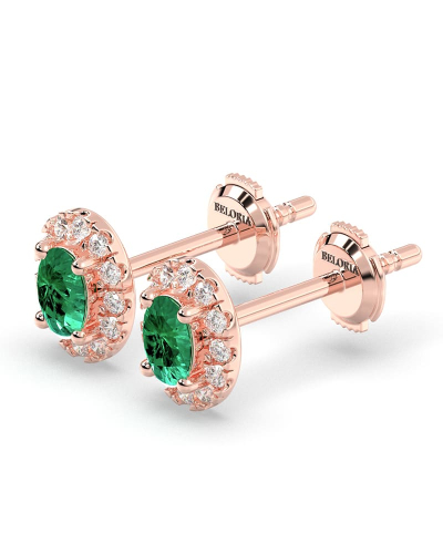 Boucles d'oreilles en or rose 18K émeraude ovale et halo de diamants