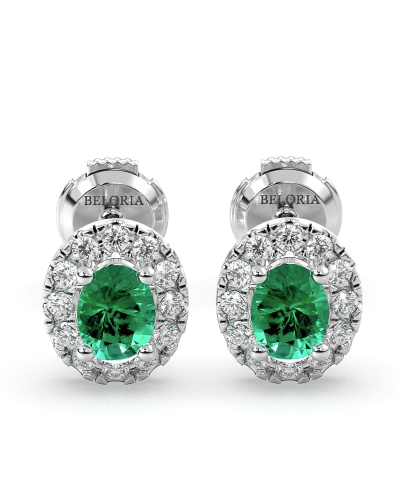 Boucles d'oreilles en or blanc 18K émeraude ovale et halo de diamants
