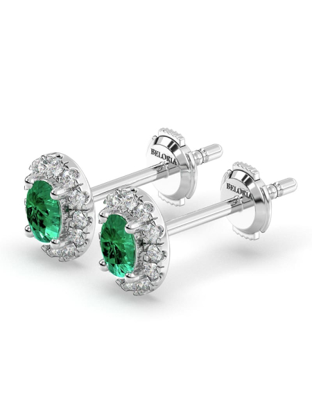 Boucles d'oreilles en or blanc 18K émeraude ovale et halo de diamants 2