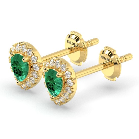 Boucles d'oreilles en or jaune 18K émeraude poire et halo de diamants