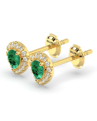 Boucles d'oreilles en or jaune 18K émeraude poire et halo de diamants