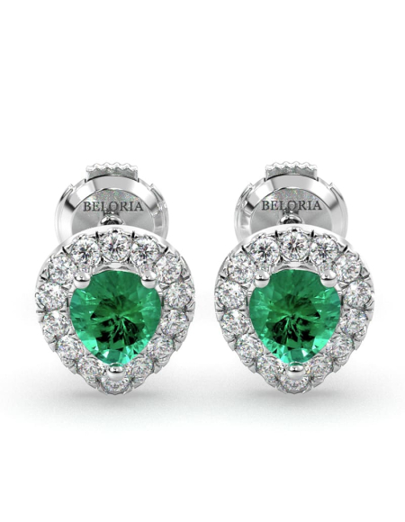 Boucles d'oreilles en or jaune 18K émeraude poire et halo de diamants 2