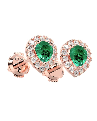 Boucles d'oreilles en or jaune 18K émeraude poire et halo de diamants