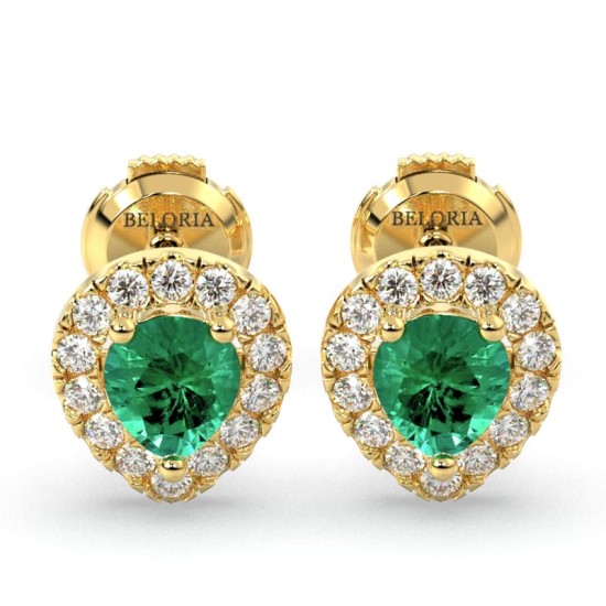 Boucles d'oreilles en or jaune 18K émeraude poire et halo de diamants