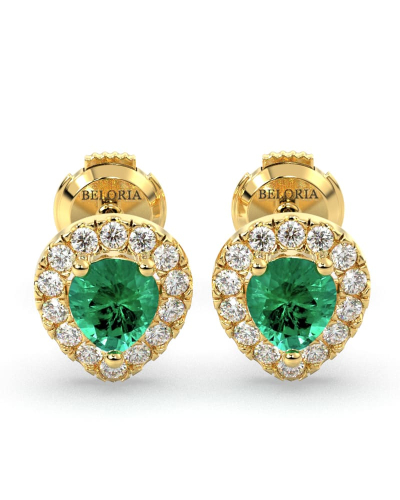 Boucles d'oreilles en or jaune 18K émeraude poire et halo de diamants