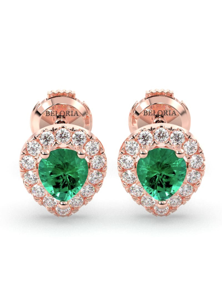 Boucles d'oreilles en or jaune 18K émeraude poire et halo de diamants 2