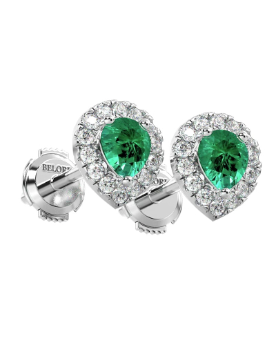 Boucles d'oreilles en or jaune 18K émeraude poire et halo de diamants