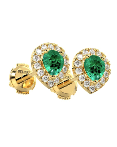 Boucles d'oreilles en or jaune 18K émeraude poire et halo de diamants
