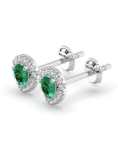 Boucles d'oreilles en or jaune 18K émeraude poire et halo de diamants