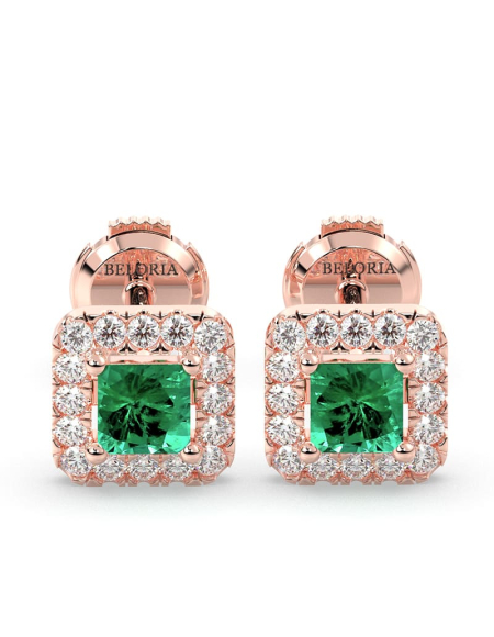 Boucles d'oreilles en or jaune 18K émeraude princesse et halo de diamants 2