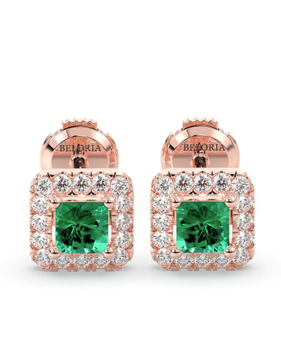 Boucles d'oreilles en or rose 18K émeraude princesse et halo de diamants