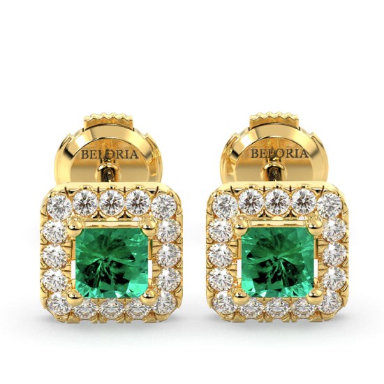 Boucles d'oreilles en or jaune 18K émeraude princesse et halo de diamants