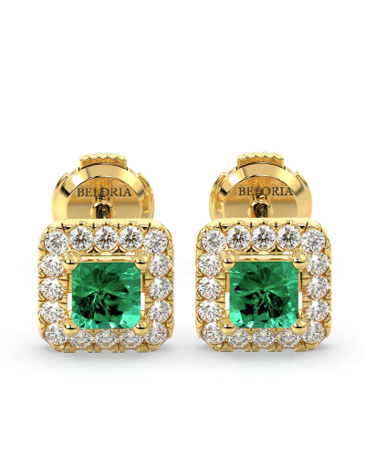 Boucles d'oreilles en or jaune 18K émeraude princesse et halo de diamants