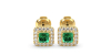 Boucles d'oreilles en or jaune 18K émeraude princesse et halo de diamants