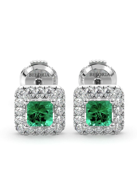Boucles d'oreilles en or jaune 18K émeraude princesse et halo de diamants 2