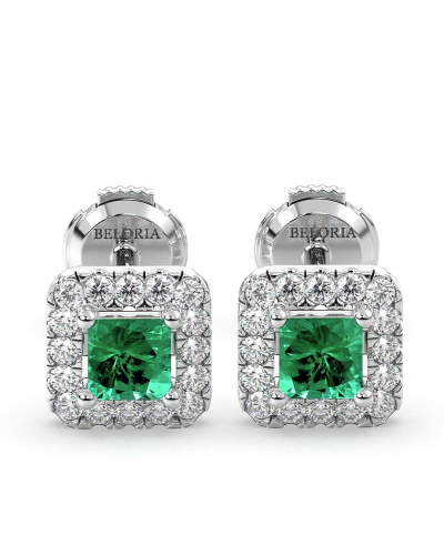 Boucles d'oreilles en or blanc 18K émeraude princesse et halo de diamants