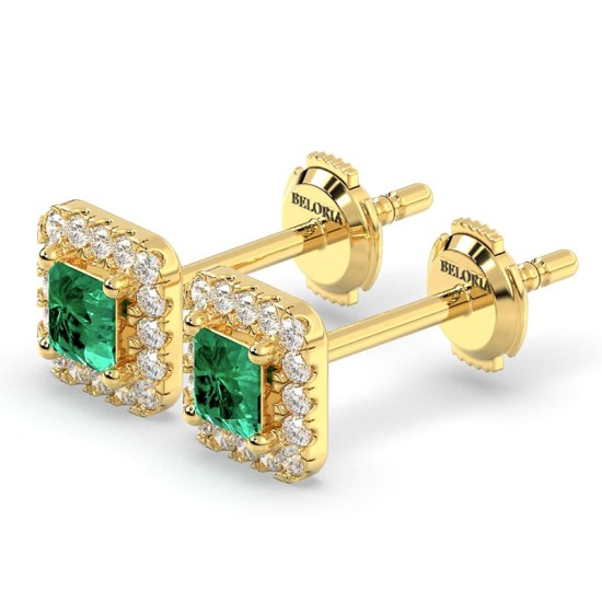 Boucles d'oreilles en or jaune 18K émeraude princesse et halo de diamants