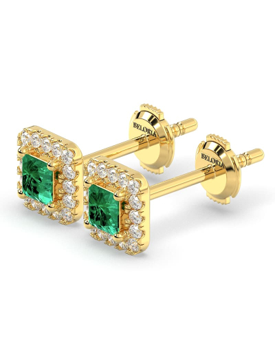 Boucles d'oreilles en or jaune 18K émeraude princesse et halo de diamants