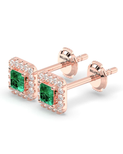 Boucles d'oreilles en or rose 18K émeraude princesse et halo de diamants