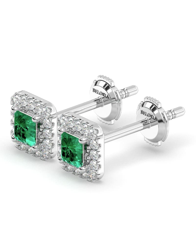 Boucles d'oreilles en or blanc 18K émeraude princesse et halo de diamants