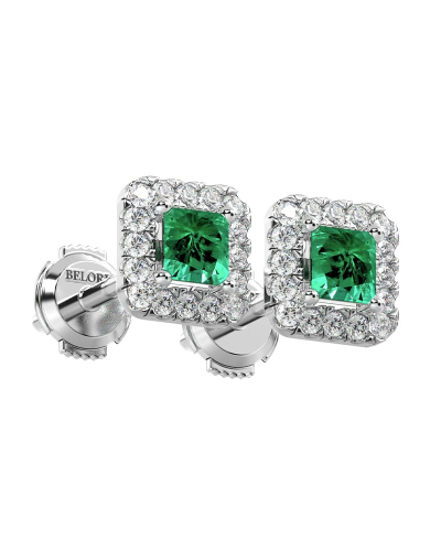 Boucles d'oreilles en or blanc 18K émeraude princesse et halo de diamants